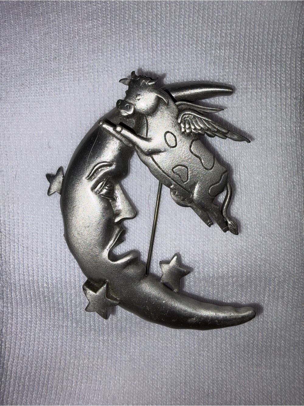 JJ Jonette signed Silver Moon & Flying Cow Brooch/Pin
